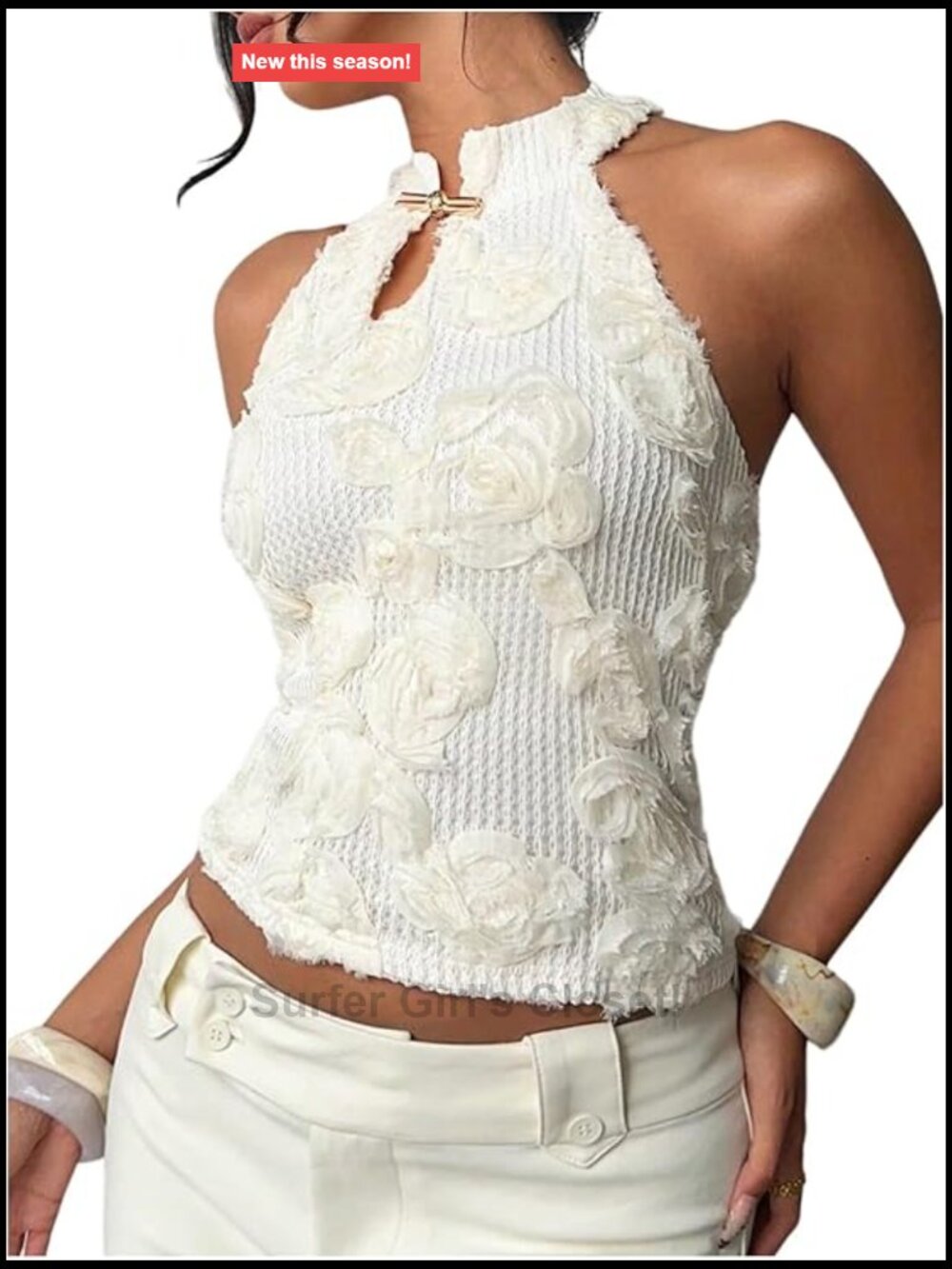 Women's Floral Appliques Halter Tank Top Sleeveless Open Back Summer Top